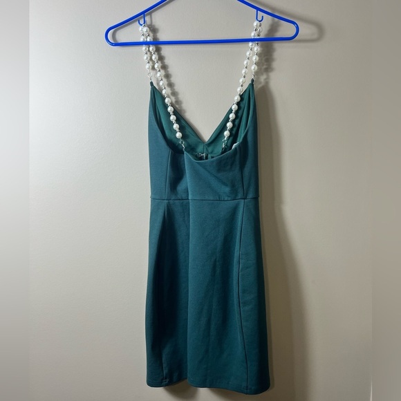 Lulus She’s Extra Emerald Green Pearl Strap Mini Dress Medium Hoco Formal Prom - Picture 6 of 11